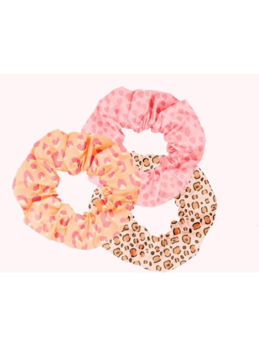 Set Of 3 Scrunchies Leopard & Heart Patterns Pink & Orange Hair  By Talking Out